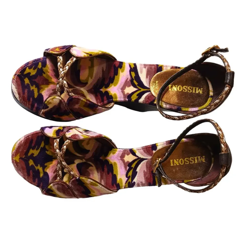 MISSONI Colorful Velvet Heel Sandal 35 High Wedge Ankle Straps Purple Green Gold